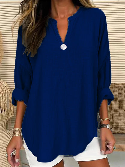 Blusa holgada informal de color liso con escote en V y un botón para mujer