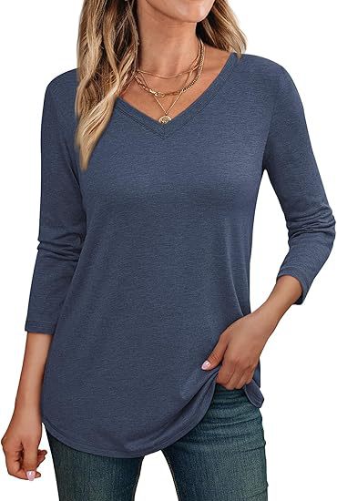 Camiseta informal de manga larga con cuello en V y color liso para mujer