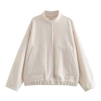 Chaqueta holgada informal de color liso con cuello alto para mujer