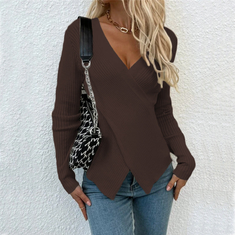 Women Fashion Casual Solid Color Irregular Cross Knit Sweater
