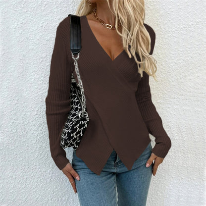 Women Fashion Casual Solid Color Irregular Cross Knit Sweater