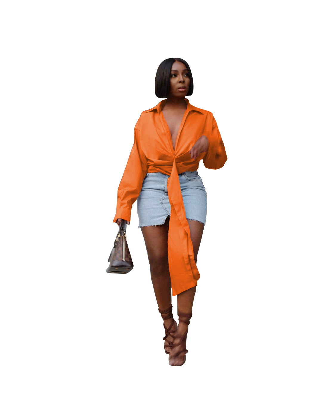 Blusa informal de manga larga con escote en V profundo y plisada de color liso para mujer