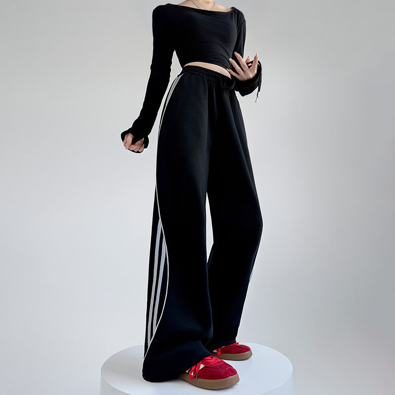 Women Fashion Casual Stripe Drawstring Wide Leg Pants