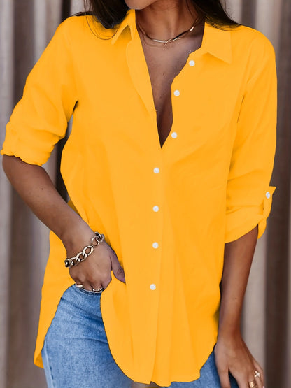 Blusa informal sencilla de manga larga con solapa en color liso para mujer