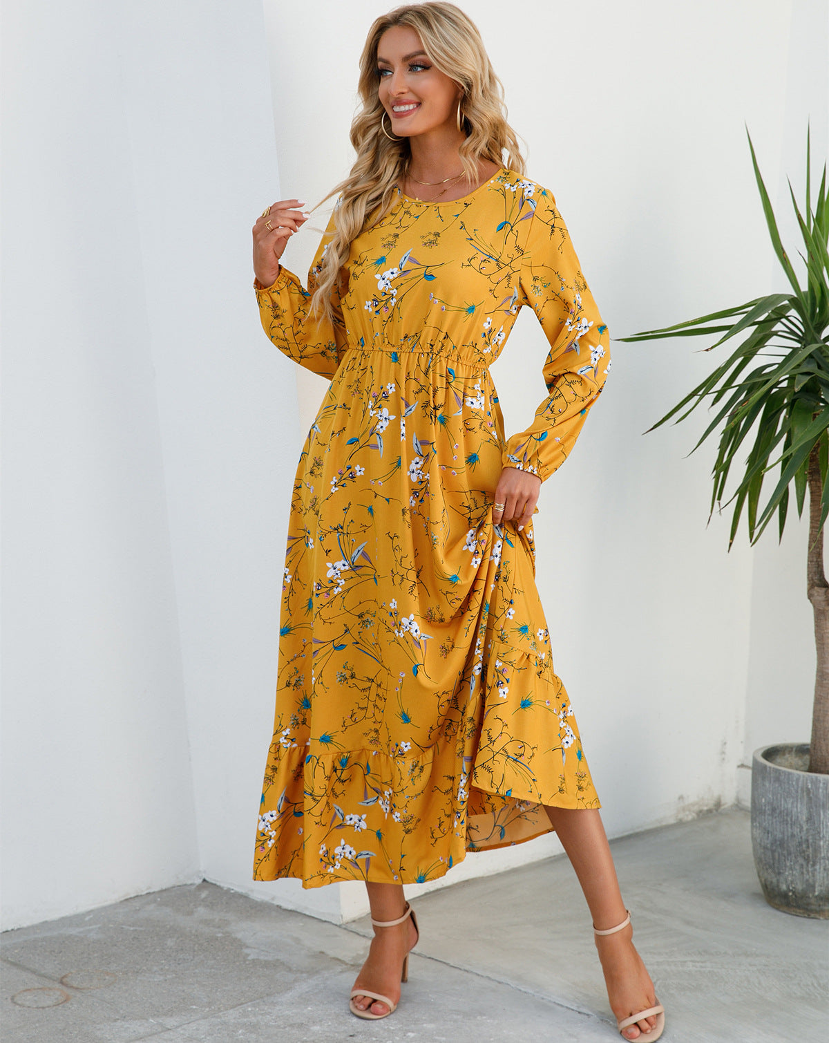Vestido largo informal de manga larga con cuello redondo y estampado floral para mujer