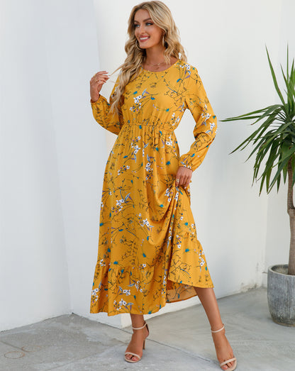 Vestido largo informal de manga larga con cuello redondo y estampado floral para mujer