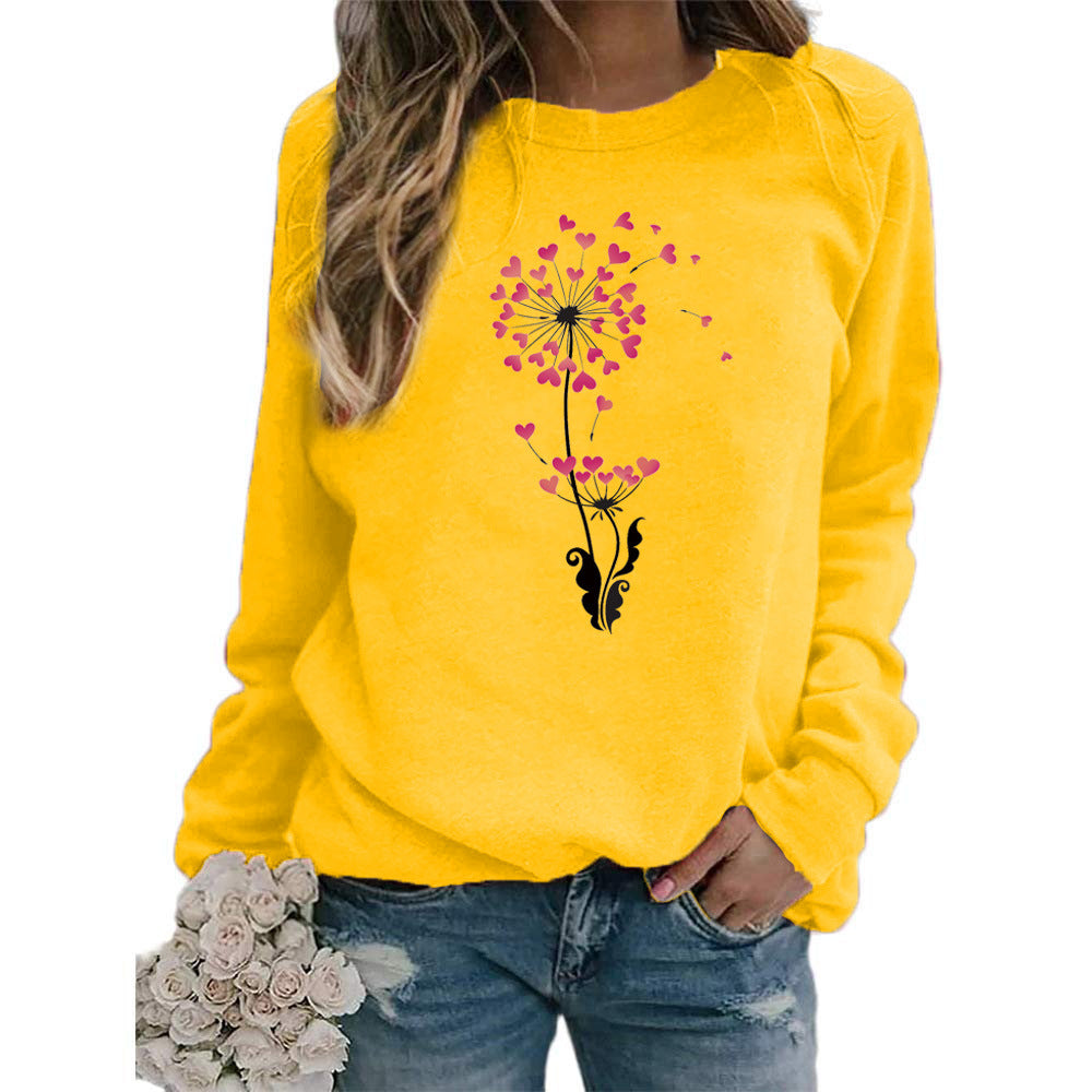 Sudadera holgada informal con estampado de diente de león y corazón para mujer, cuello redondo y manga larga