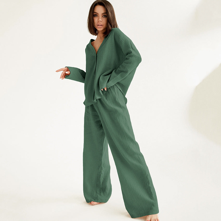 Conjunto de pijama de dos piezas para mujer, informal, holgado, de algodón, color liso, blusa y pantalones para el hogar