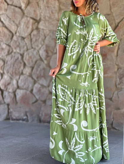 Women Casual Loose Graphic Printed V-Neck Plus Size Dress