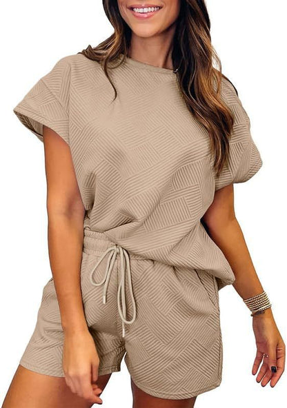 Conjunto de dos piezas informal para mujer, color liso, cuello redondo, manga corta, pantalones cortos con cordones