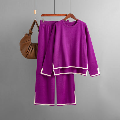 Conjunto de dos piezas de pantalón ancho de punto de manga larga con abertura en contraste para mujer, informal, para otoño e invierno