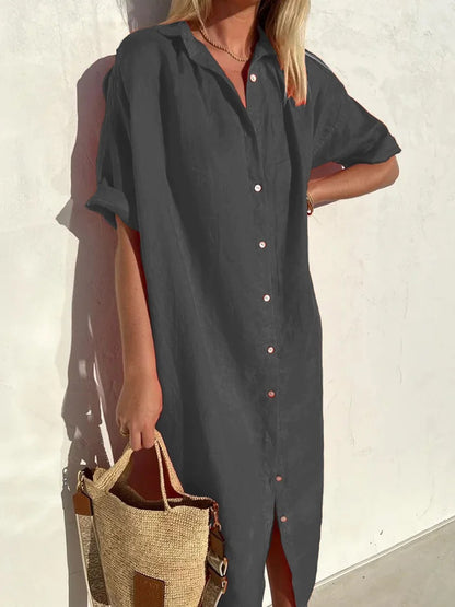 Women Elegant Casual Loose Short-Sleeved Button Cotton Linen Long Pocket Maxi Shirt Dress