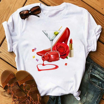 Camiseta holgada informal de manga corta con estampado gráfico de vino para mujer