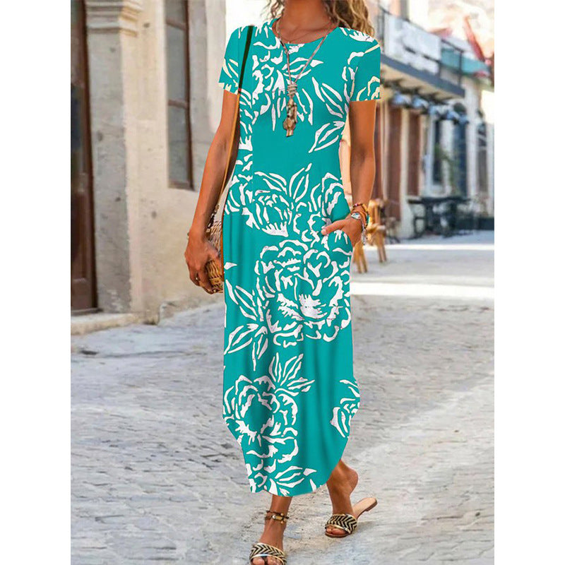 Vestido largo informal de manga corta con cuello redondo y estampado floral geométrico para mujer