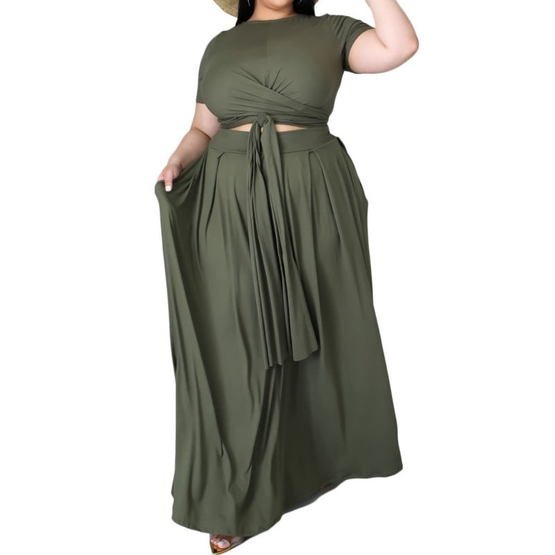 Conjunto de dos piezas de top informal a cuadros de manga corta y pantalones anchos para mujer de talla grande