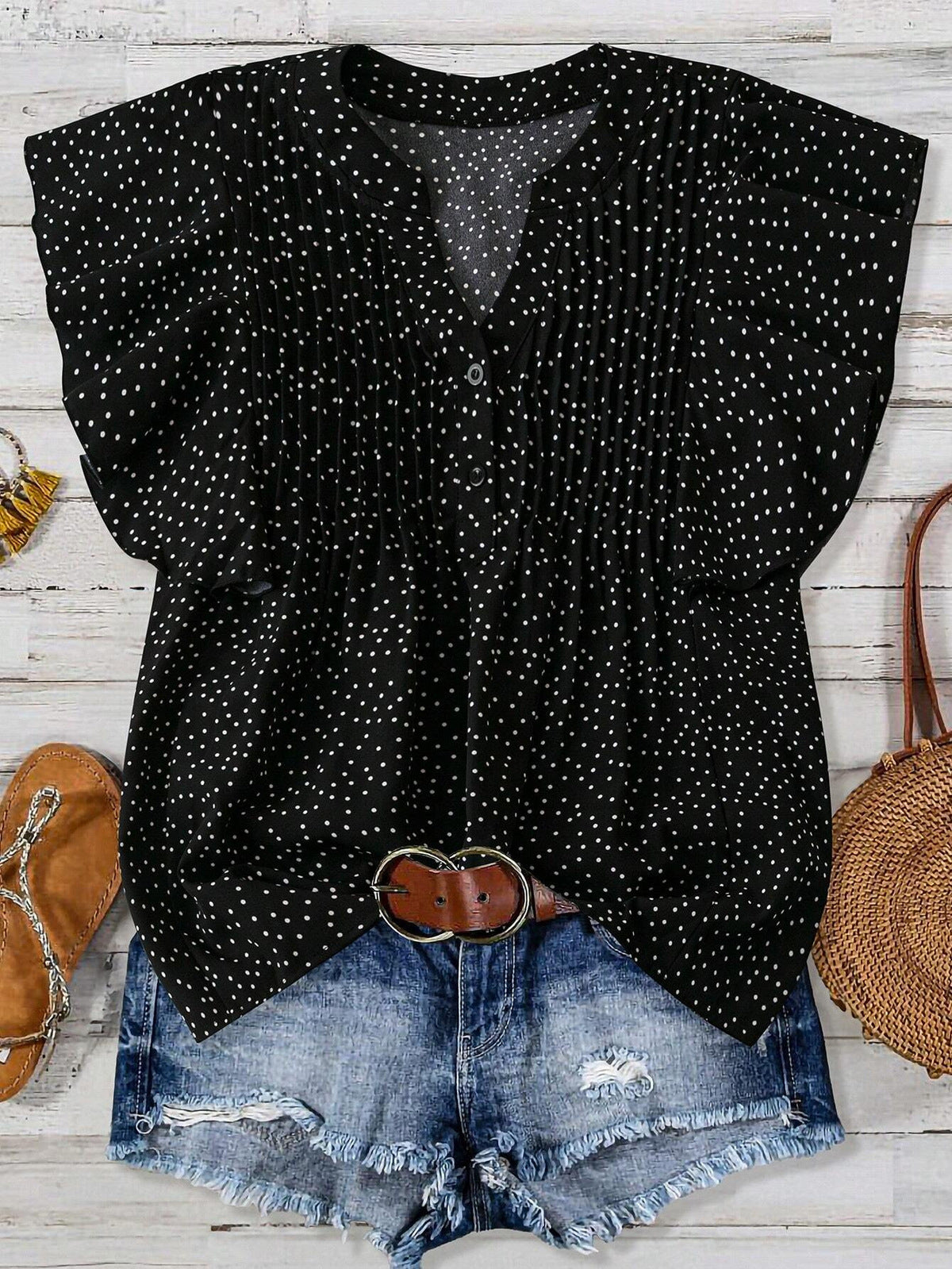 Blusa informal sin mangas con cuello en V y estampado de lunares plisados de color liso para mujer