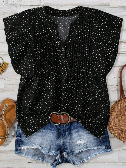 Blusa informal sin mangas con cuello en V y estampado de lunares plisados de color liso para mujer