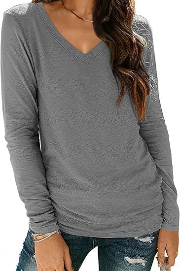 Camiseta informal de manga larga con cuello en V y color liso para mujer