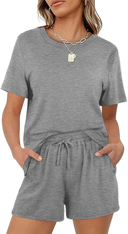 Women Casual Summer Basic Solid Color Short Sleeve T-Shirt Elastic Tie Pocket Shorts Set