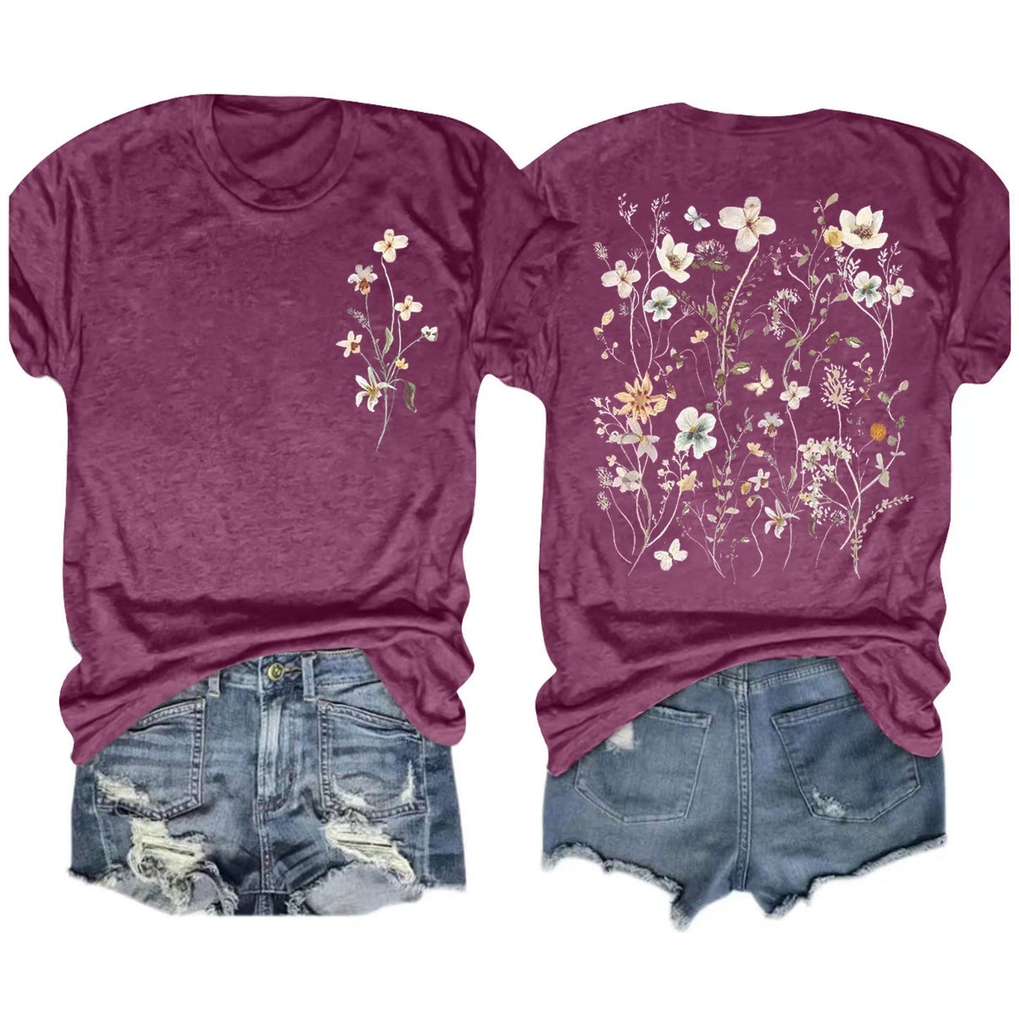 Camiseta informal de manga corta con cuello redondo y estampado floral para mujer