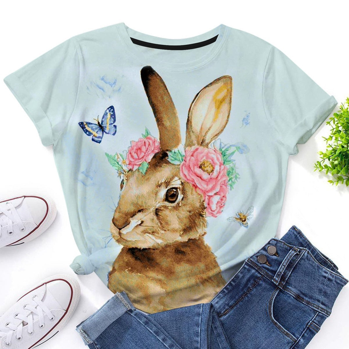 Camiseta informal de manga corta con cuello redondo y estampado de conejo de Pascua para mujer