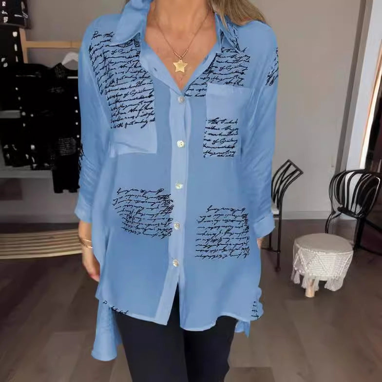 Blusa informal de manga larga con solapa y estampado de letras para mujer