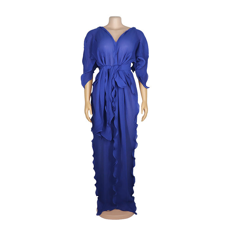 African Women Casual V-Neck Ruffled Solid Color Chiffon Loose Elegant Maxi Dress
