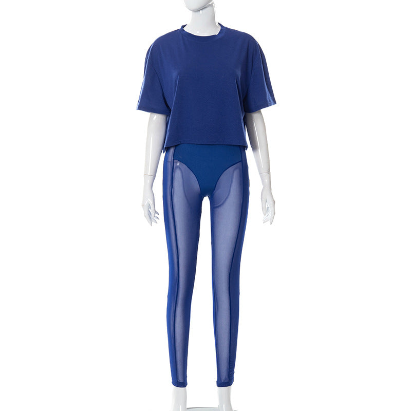 Conjunto deportivo de 2 piezas con pantalón y camiseta corta de malla Perspective para mujer, conjunto informal