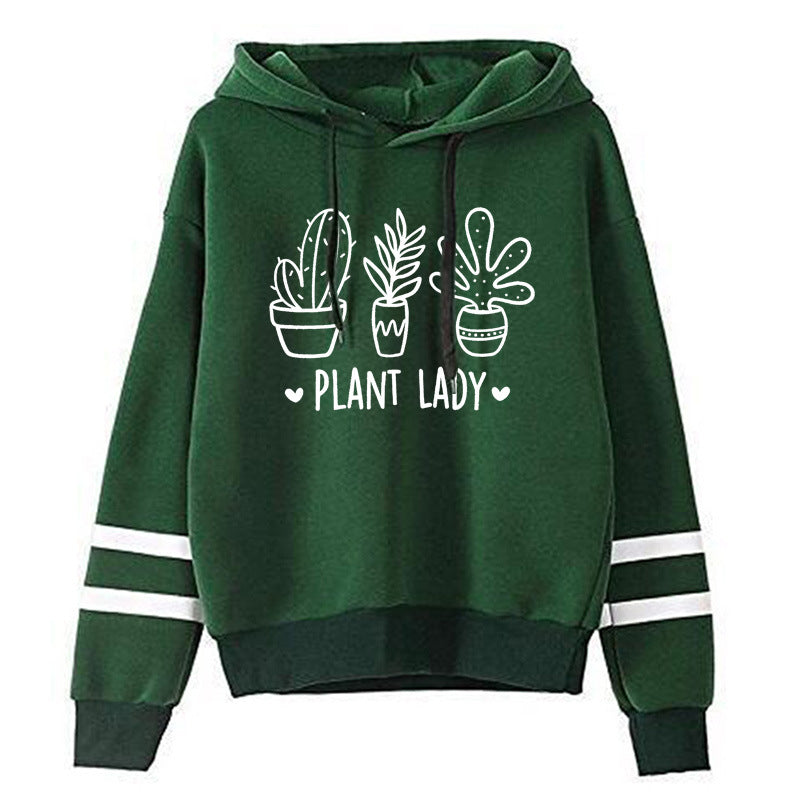 Sudadera con capucha holgada informal con estampado de cactus y barras paralelas para mujer