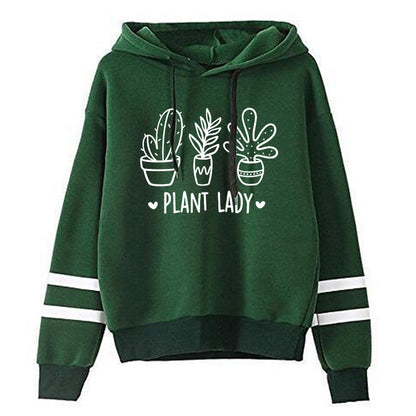 Sudadera con capucha holgada informal con estampado de cactus y barras paralelas para mujer