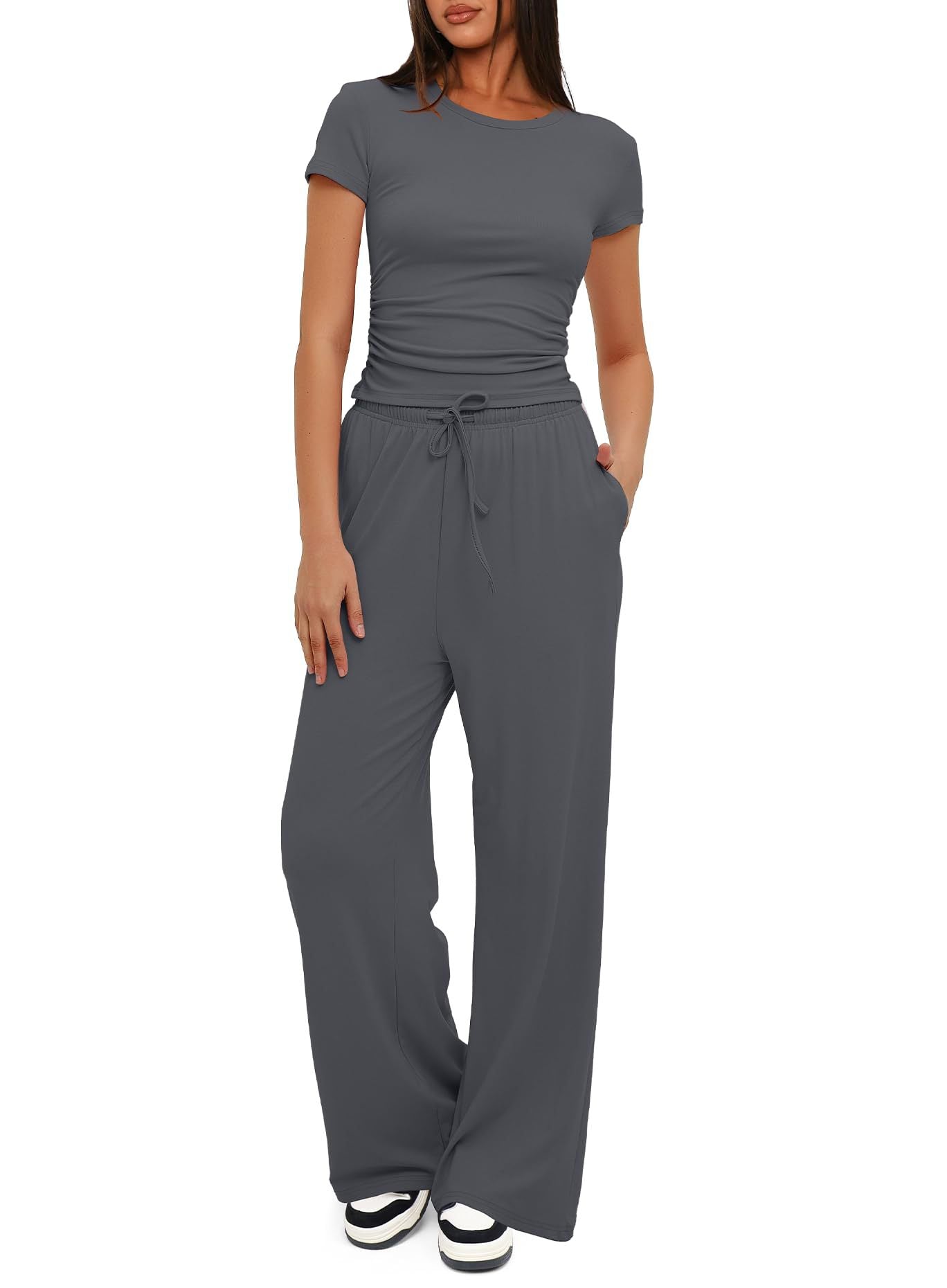 Conjunto deportivo informal de color liso para mujer, con top de manga corta y cintura alta y pantalones anchos