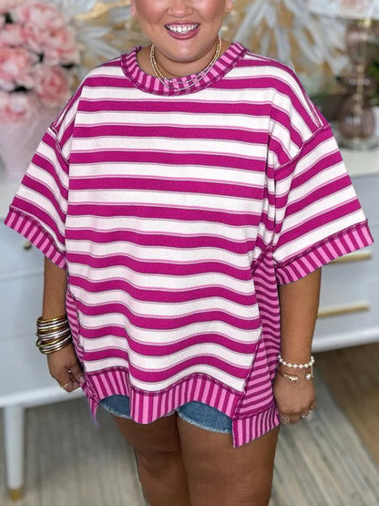 Camiseta informal holgada de verano con estampado de rayas y talla grande para mujer