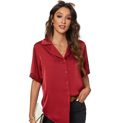 Blusa holgada informal de un solo pecho para mujer, elegante, de oficina, básica, de satén, de manga corta, de verano, de color liso