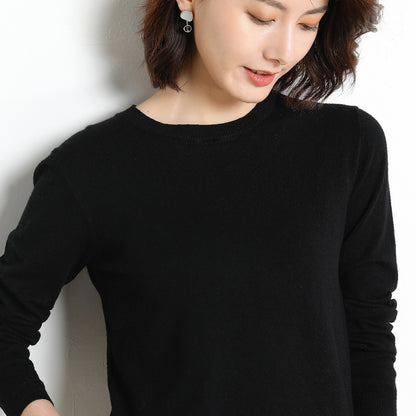 Women Simple Casual Solid Color Round Neck Long Sleeve Knitted Sweater