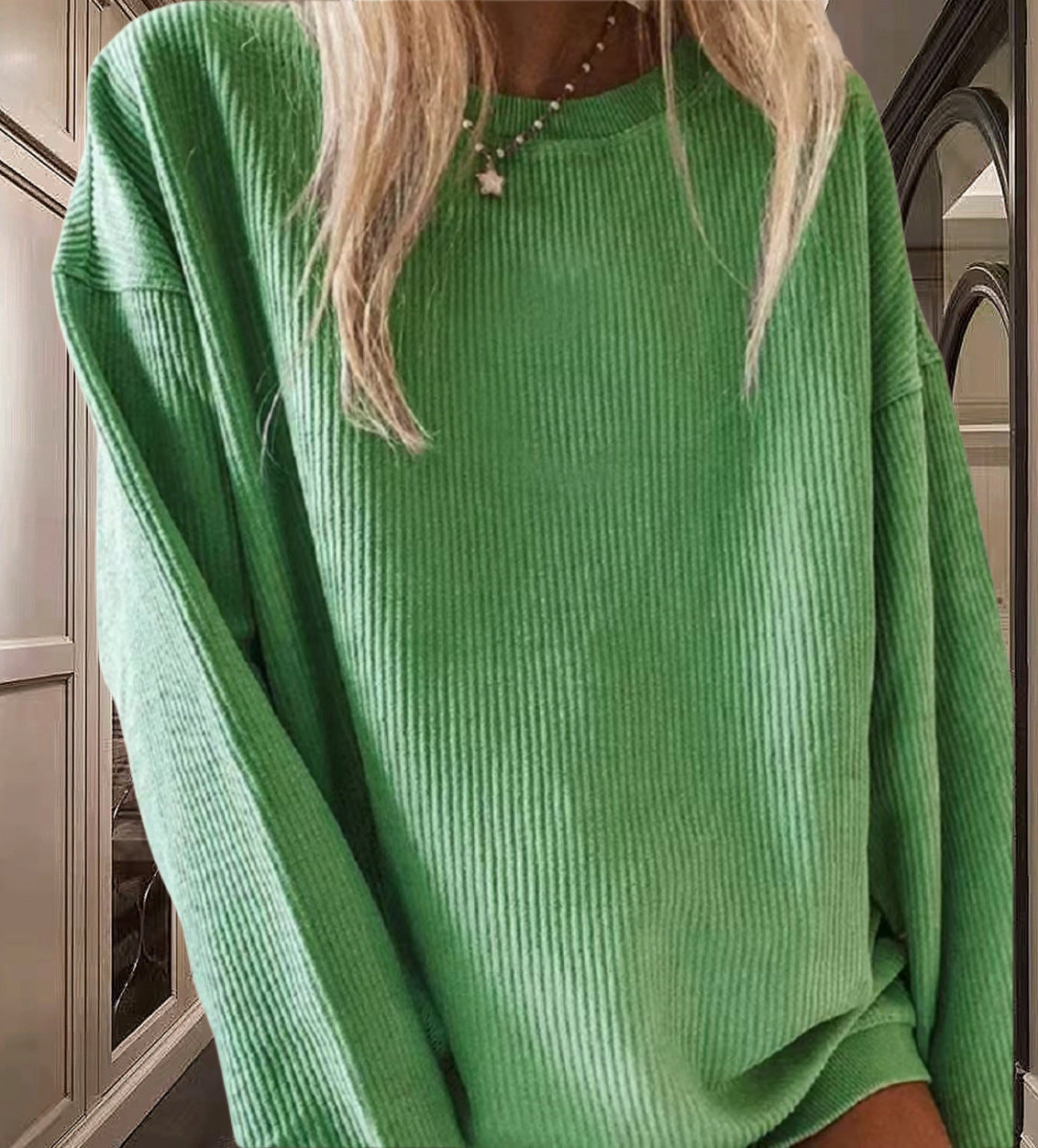 Women Fashion Casual Loose Solid Color Round Neck Long Sleeve Knitted Sweatshirt