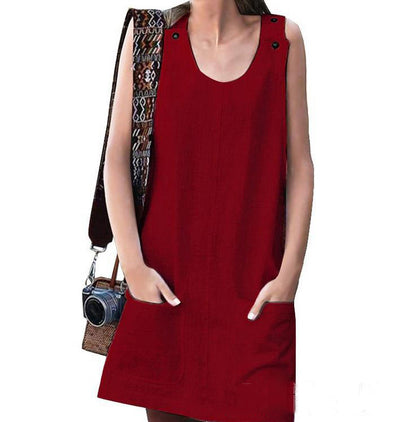 Summer Women Casual Solid Color Pocket Loose Dress