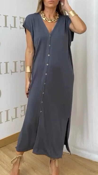 Women Casual Solid Color V-Neck Short Sleeve Single Breasted Split Dress