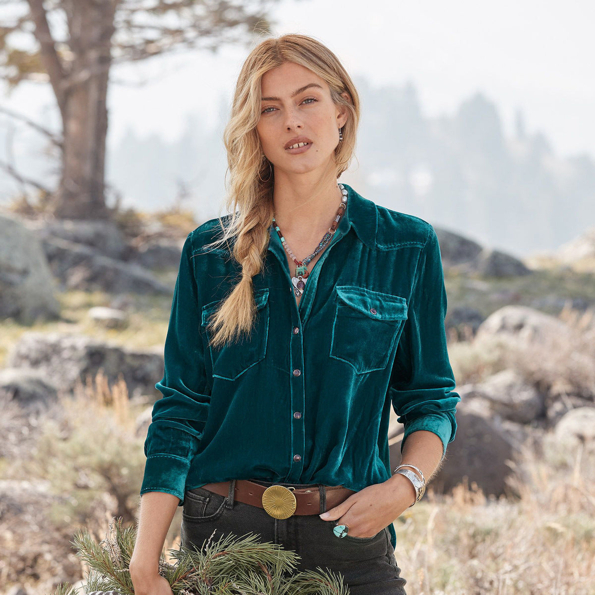 Loose Casual Vintage Gold Velvet Long Sleeve Shirt Women Western Blouse