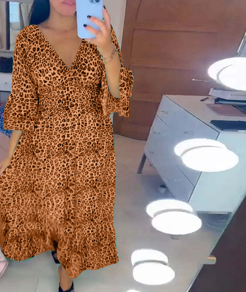Vestido largo informal holgado estilo bohemio para mujer, elegante, de otoño, con escote en V profundo y estampado de leopardo para vacaciones en la playa