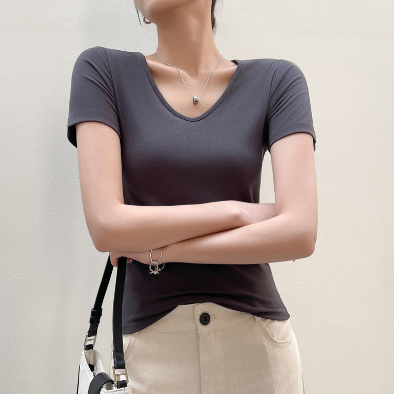 Camiseta básica de verano para mujer, informal, de color liso, con cuello en V y manga corta
