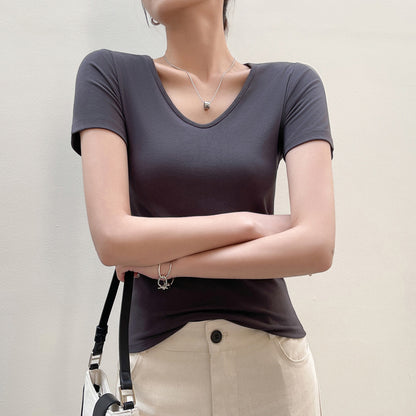 Camiseta básica de verano para mujer, informal, de color liso, con cuello en V y manga corta
