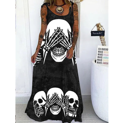 Vestido largo con estampado floral y calavera gótica informal de Halloween para mujer