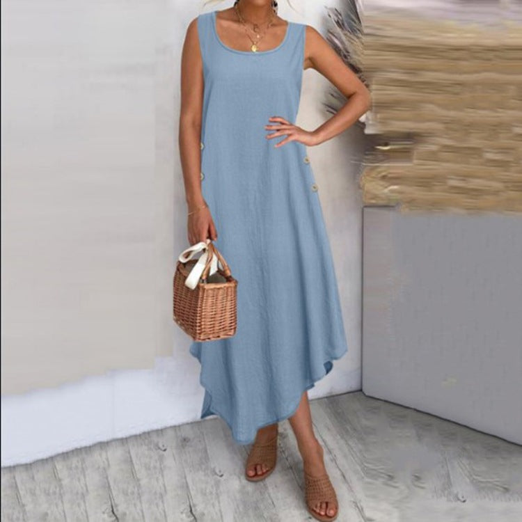Vestido largo informal de lino y algodón con botones y vuelo irregular para mujer de verano