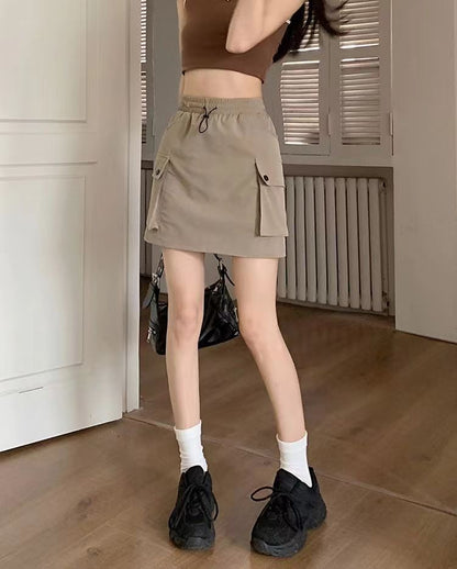 Summer Women Fashion Casual Solid Color High Waist Drawstring Skirt