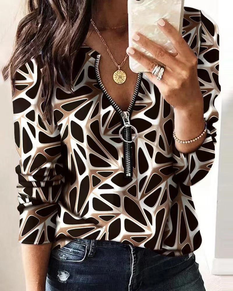 Blusa informal de manga larga con cremallera y estampado de letras para mujer