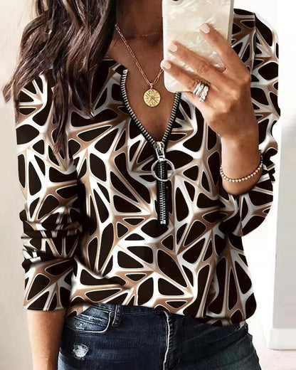Blusa informal de manga larga con cremallera y estampado de letras para mujer