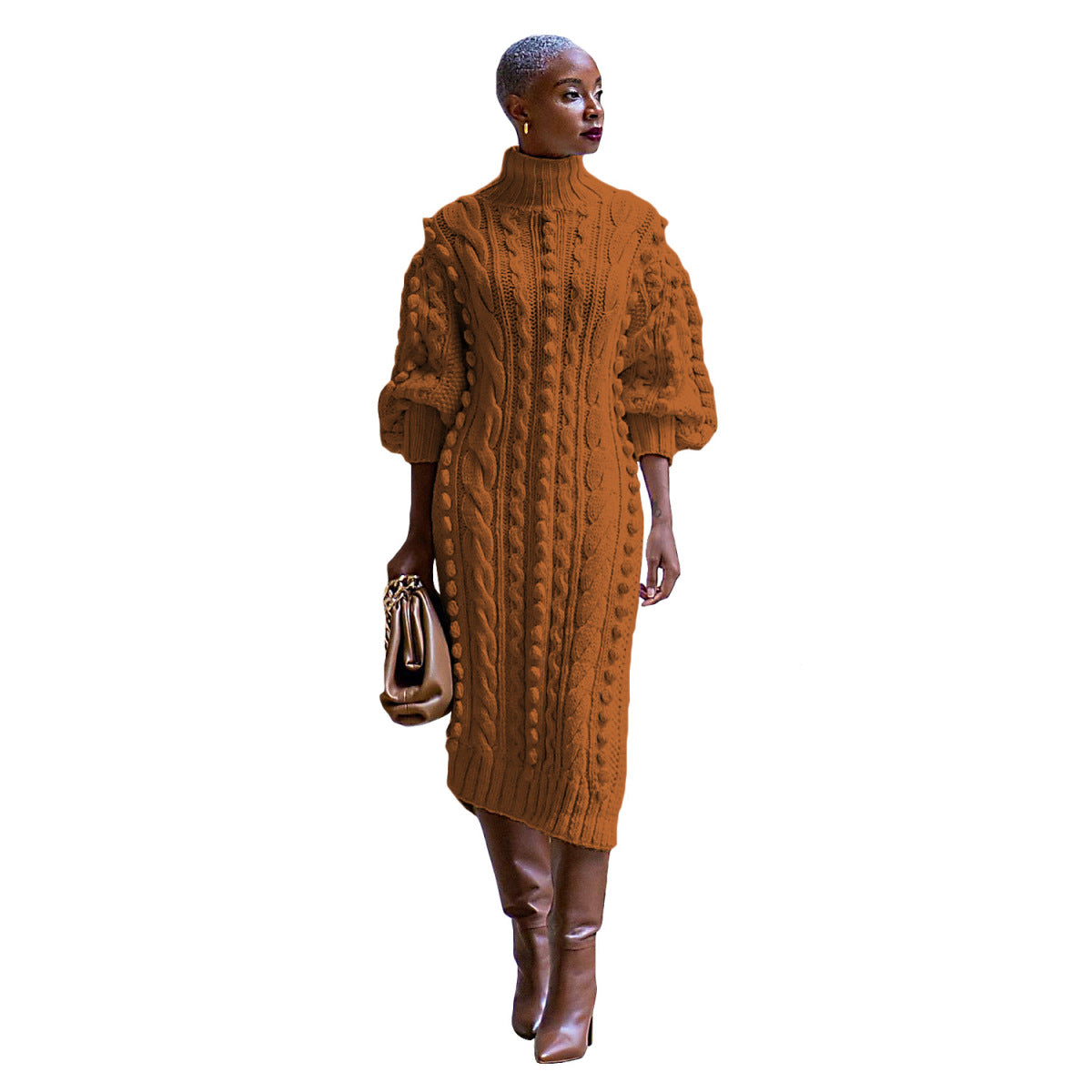Vestido de punto dividido de manga larga con cuello alto y color liso informal a la moda para mujer Otoño Invierno