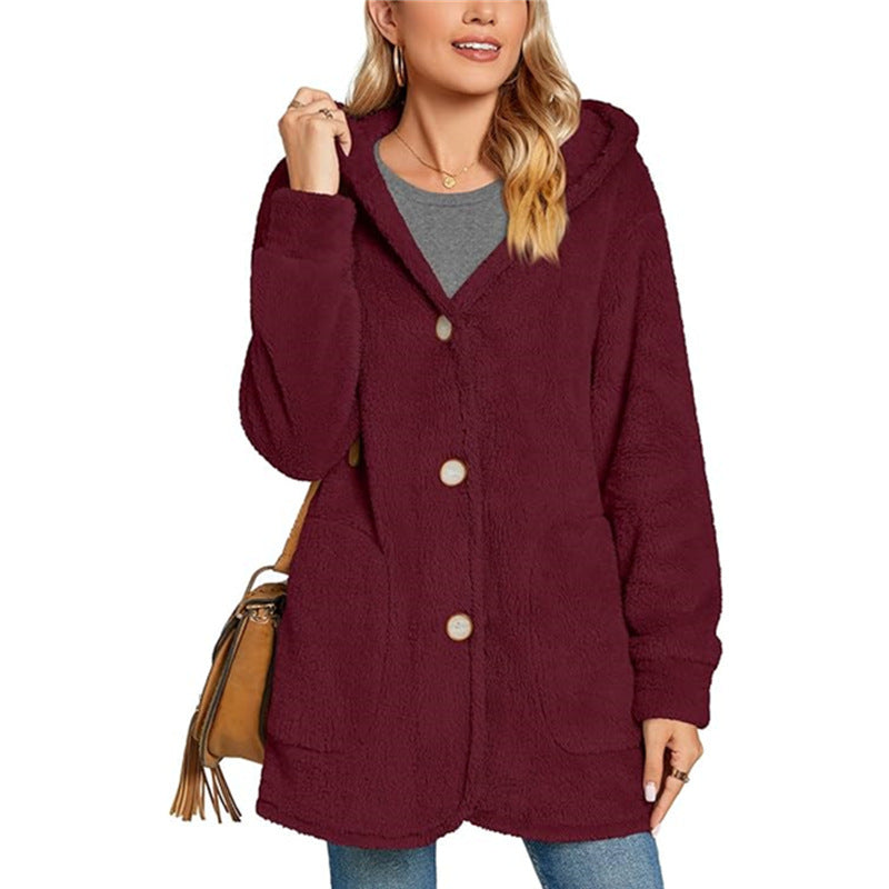 Cárdigan informal con capucha y bolsillos abotonados de felpa para mujer de invierno