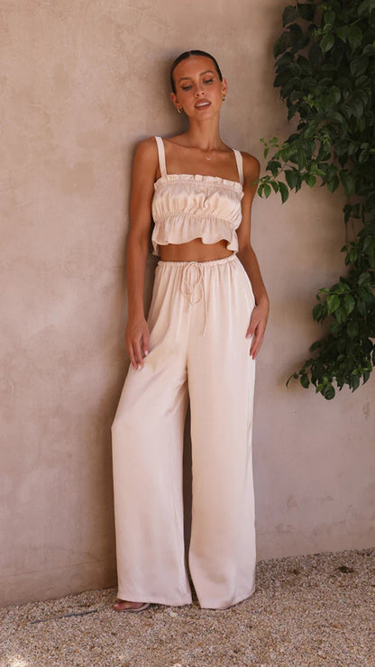 Conjunto de dos piezas de verano para mujer, color liso, informal, con cuello de una palabra, tirantes y pantalones de pierna ancha
