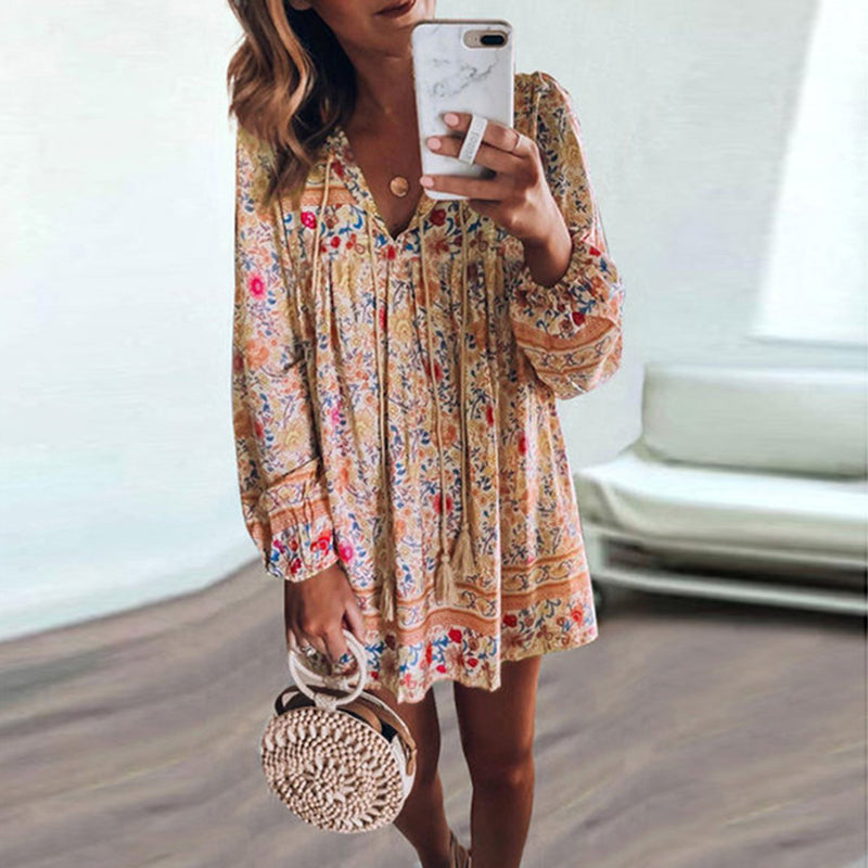 Vestido corto playero bohemio con estampado floral para mujer, informal, holgado, con borlas y cordones, para verano
